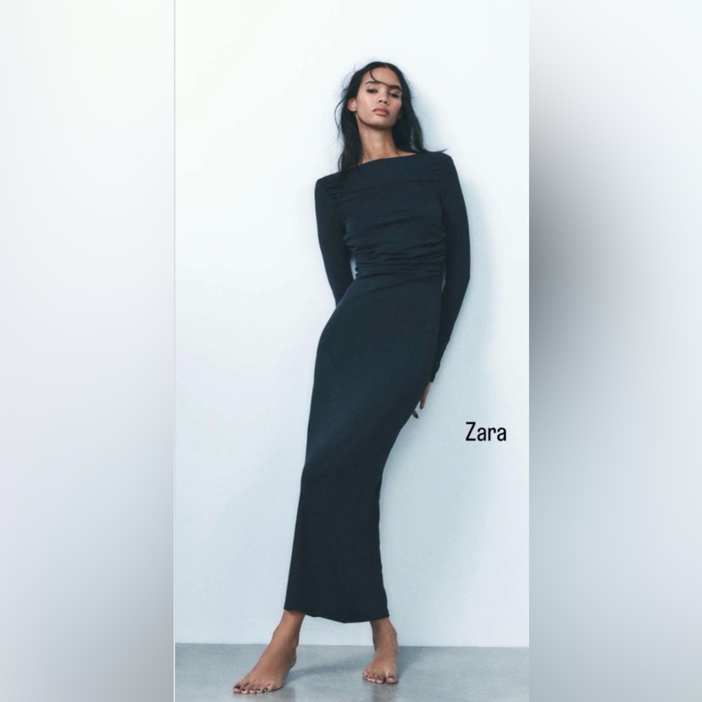 ZARA Long Sleeve Open Back Midi Dress Dark Petrol Blue Ruched Bodycon Size L